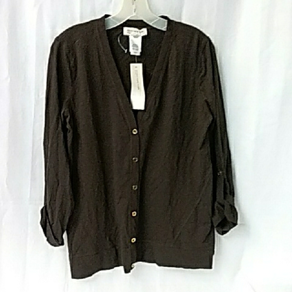 Jones New York Signature NWT Brown Roll Tab Sleeve V-Neck Cardigan